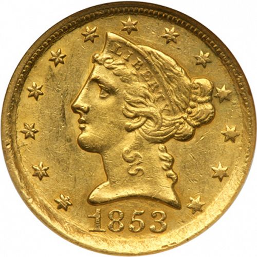 5 dollar Obverse Image minted in UNITED STATES in 1853D (Coronet Head - No motto)  - The Coin Database