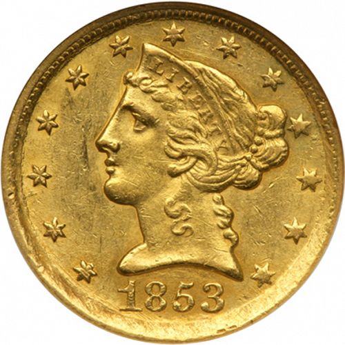 5 dollar Obverse Image minted in UNITED STATES in 1853D (Coronet Head - No motto)  - The Coin Database