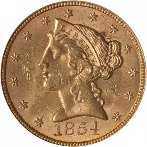 5 dollar Obverse Image minted in UNITED STATES in 1854 (Coronet Head - No motto)  - The Coin Database