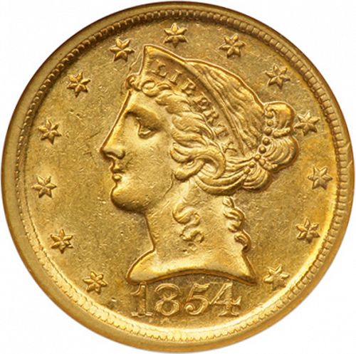 5 dollar Obverse Image minted in UNITED STATES in 1854D (Coronet Head - No motto)  - The Coin Database