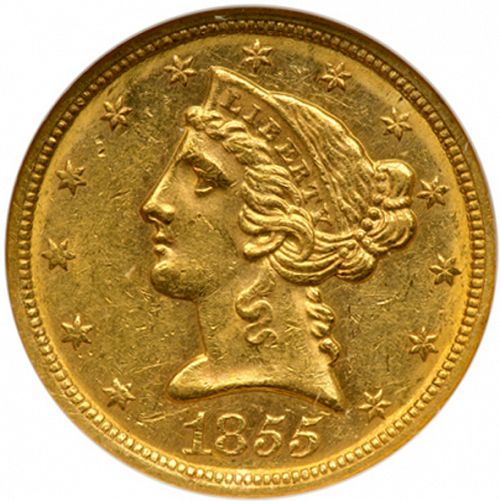 5 dollar Obverse Image minted in UNITED STATES in 1855 (Coronet Head - No motto)  - The Coin Database