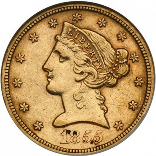 5 dollar Obverse Image minted in UNITED STATES in 1855S (Coronet Head - No motto)  - The Coin Database