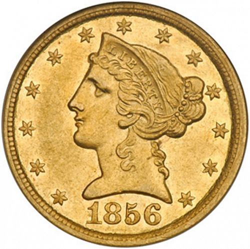 5 dollar Obverse Image minted in UNITED STATES in 1856C (Coronet Head - No motto)  - The Coin Database