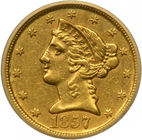 5 dollar Obverse Image minted in UNITED STATES in 1857C (Coronet Head - No motto)  - The Coin Database