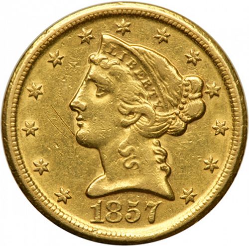 5 dollar Obverse Image minted in UNITED STATES in 1857D (Coronet Head - No motto)  - The Coin Database