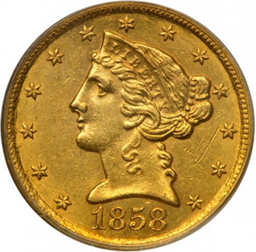 5 dollar Obverse Image minted in UNITED STATES in 1858C (Coronet Head - No motto)  - The Coin Database