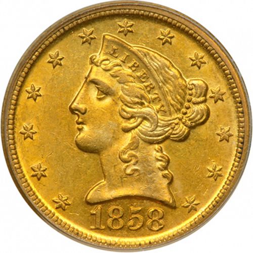 5 dollar Obverse Image minted in UNITED STATES in 1858D (Coronet Head - No motto)  - The Coin Database