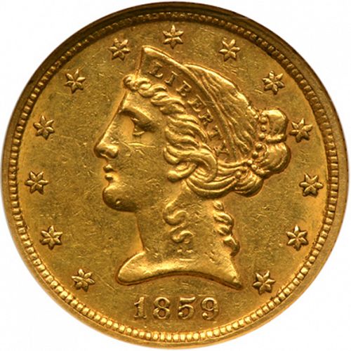 5 dollar Obverse Image minted in UNITED STATES in 1859C (Coronet Head - No motto)  - The Coin Database