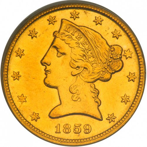 5 dollar Obverse Image minted in UNITED STATES in 1859D (Coronet Head - No motto)  - The Coin Database