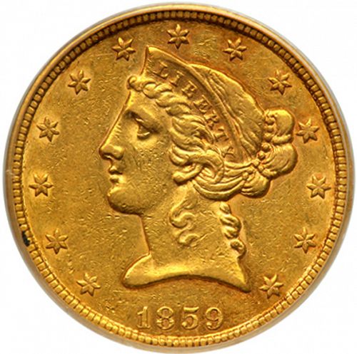 5 dollar Obverse Image minted in UNITED STATES in 1859S (Coronet Head - No motto)  - The Coin Database