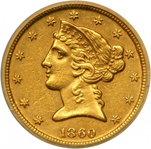 5 dollar Obverse Image minted in UNITED STATES in 1860C (Coronet Head - No motto)  - The Coin Database
