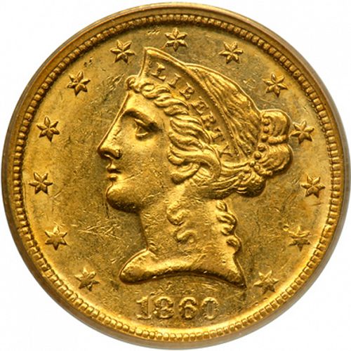 5 dollar Obverse Image minted in UNITED STATES in 1860D (Coronet Head - No motto)  - The Coin Database