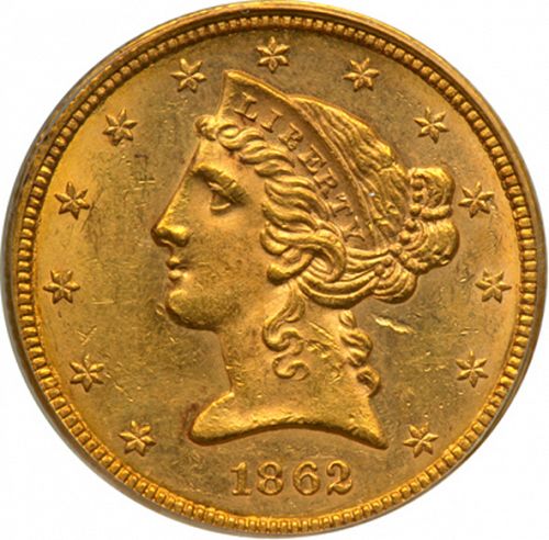 5 dollar Obverse Image minted in UNITED STATES in 1862 (Coronet Head - No motto)  - The Coin Database