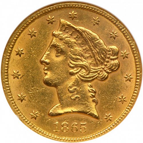 5 dollar Obverse Image minted in UNITED STATES in 1865S (Coronet Head - No motto)  - The Coin Database