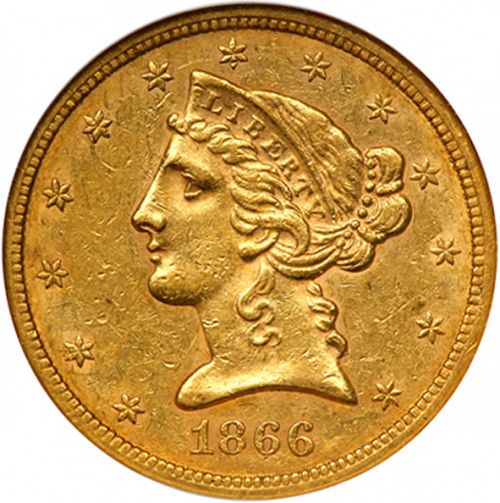 5 dollar Obverse Image minted in UNITED STATES in 1866S (Coronet Head - No motto)  - The Coin Database