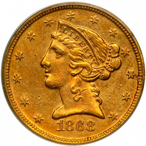 5 dollar Obverse Image minted in UNITED STATES in 1868 (Coronet Head - With motto)  - The Coin Database