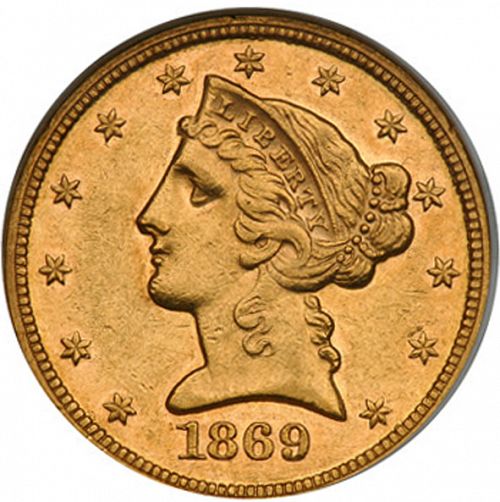 5 dollar Obverse Image minted in UNITED STATES in 1869 (Coronet Head - With motto)  - The Coin Database