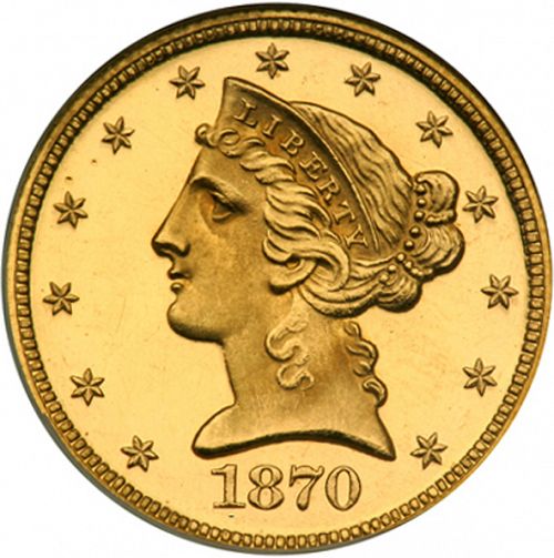 5 dollar Obverse Image minted in UNITED STATES in 1870 (Coronet Head - With motto)  - The Coin Database