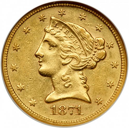 5 dollar Obverse Image minted in UNITED STATES in 1871CC (Coronet Head - With motto)  - The Coin Database