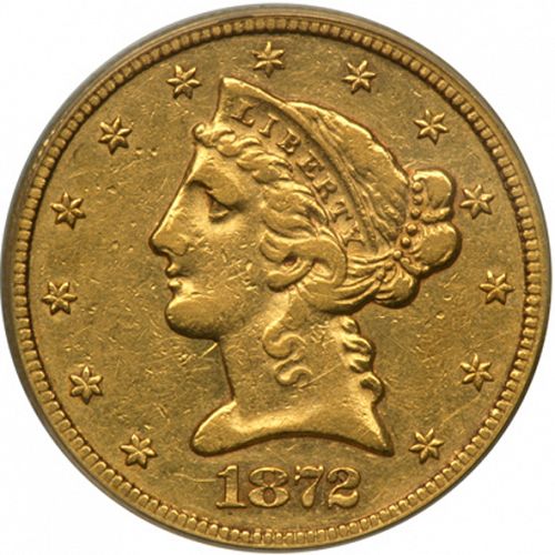 5 dollar Obverse Image minted in UNITED STATES in 1872 (Coronet Head - With motto)  - The Coin Database