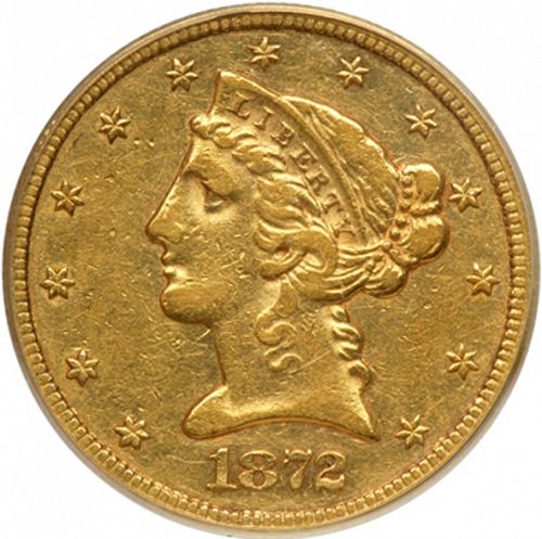 5 dollar Obverse Image minted in UNITED STATES in 1872CC (Coronet Head - With motto)  - The Coin Database