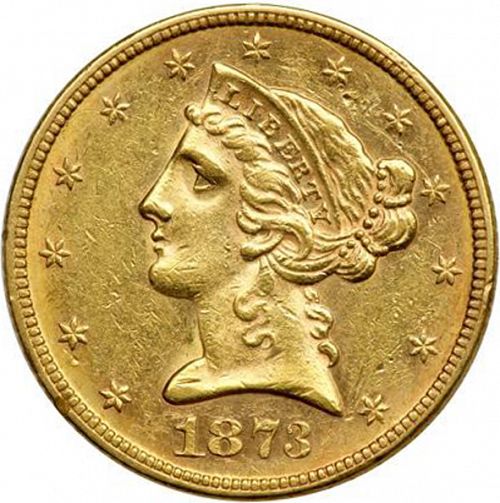 5 dollar Obverse Image minted in UNITED STATES in 1873 (Coronet Head - With motto)  - The Coin Database