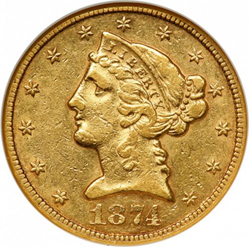 5 dollar Obverse Image minted in UNITED STATES in 1874CC (Coronet Head - With motto)  - The Coin Database