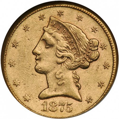 5 dollar Obverse Image minted in UNITED STATES in 1875CC (Coronet Head - With motto)  - The Coin Database