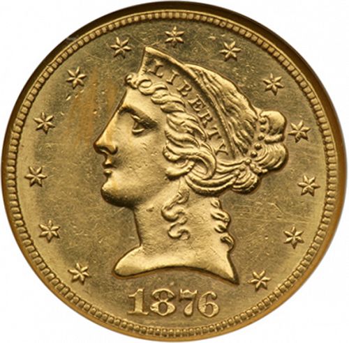 5 dollar Obverse Image minted in UNITED STATES in 1876CC (Coronet Head - With motto)  - The Coin Database