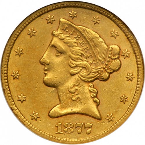 5 dollar Obverse Image minted in UNITED STATES in 1877CC (Coronet Head - With motto)  - The Coin Database