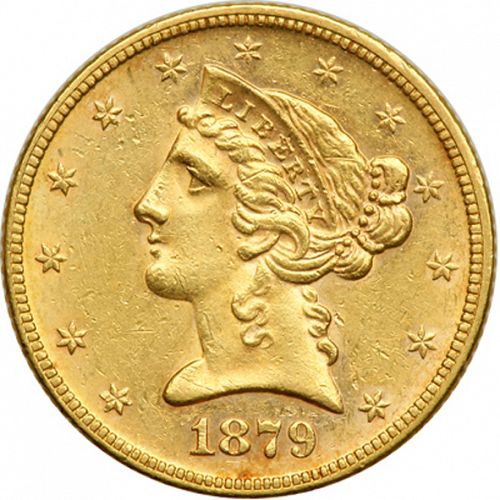 5 dollar Obverse Image minted in UNITED STATES in 1879 (Coronet Head - With motto)  - The Coin Database