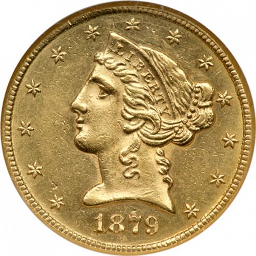 5 dollar Obverse Image minted in UNITED STATES in 1879CC (Coronet Head - With motto)  - The Coin Database