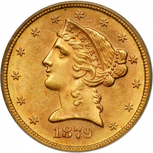 5 dollar Obverse Image minted in UNITED STATES in 1879S (Coronet Head - With motto)  - The Coin Database