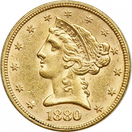 5 dollar Obverse Image minted in UNITED STATES in 1880 (Coronet Head - With motto)  - The Coin Database