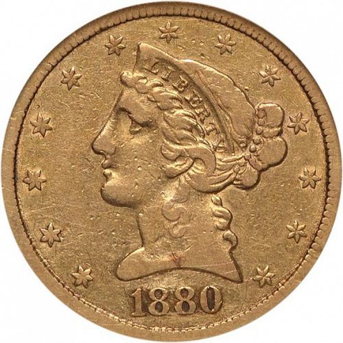 5 dollar Obverse Image minted in UNITED STATES in 1880CC (Coronet Head - With motto)  - The Coin Database