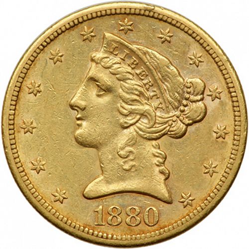 5 dollar Obverse Image minted in UNITED STATES in 1880S (Coronet Head - With motto)  - The Coin Database