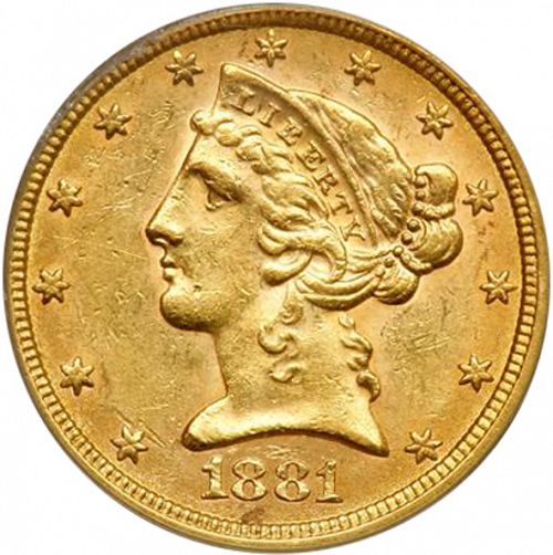 5 dollar Obverse Image minted in UNITED STATES in 1881 (Coronet Head - With motto)  - The Coin Database