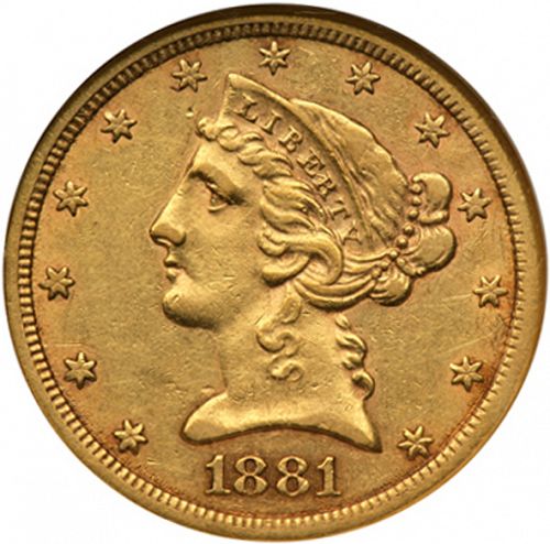 5 dollar Obverse Image minted in UNITED STATES in 1881CC (Coronet Head - With motto)  - The Coin Database