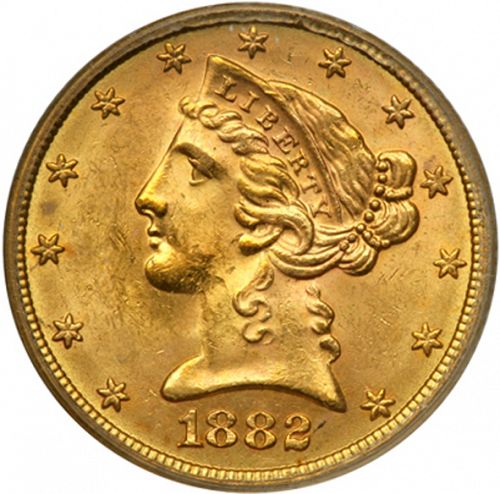 5 dollar Obverse Image minted in UNITED STATES in 1882 (Coronet Head - With motto)  - The Coin Database