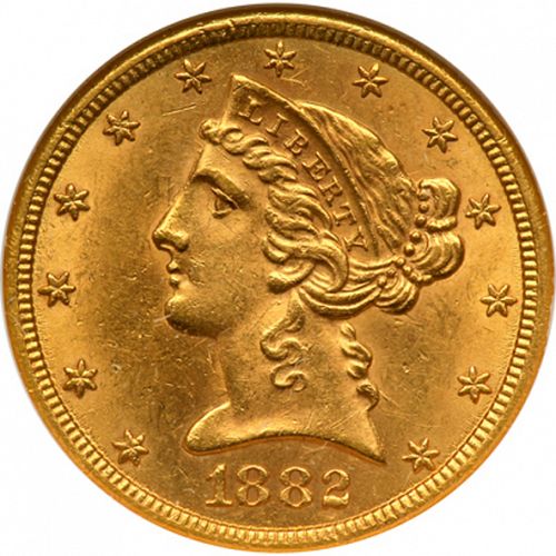 5 dollar Obverse Image minted in UNITED STATES in 1882CC (Coronet Head - With motto)  - The Coin Database