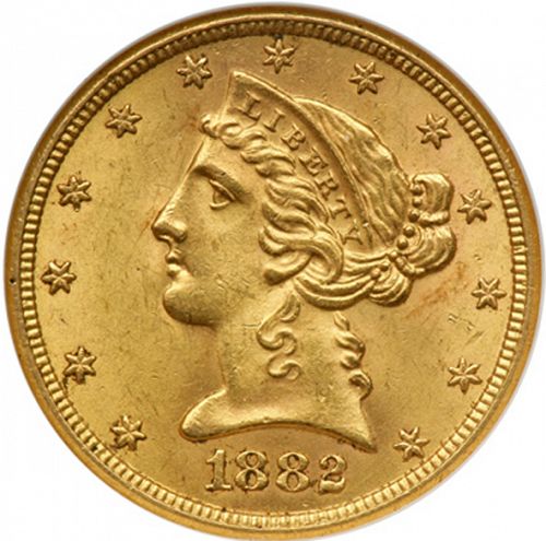 5 dollar Obverse Image minted in UNITED STATES in 1882S (Coronet Head - With motto)  - The Coin Database