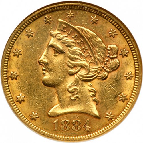 5 dollar Obverse Image minted in UNITED STATES in 1884CC (Coronet Head - With motto)  - The Coin Database