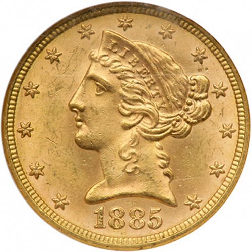 5 dollar Obverse Image minted in UNITED STATES in 1885 (Coronet Head - With motto)  - The Coin Database