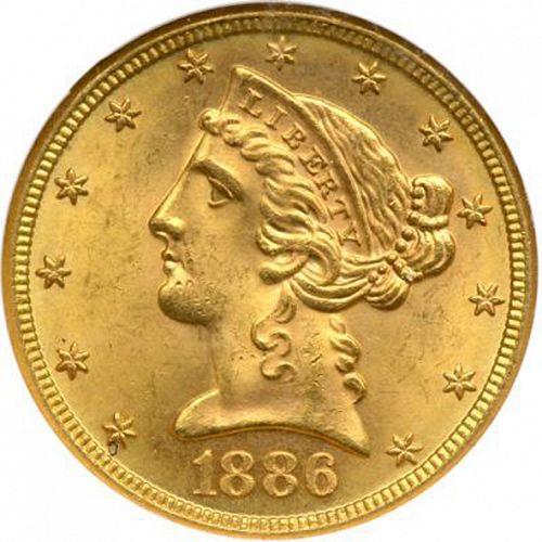 5 dollar Obverse Image minted in UNITED STATES in 1886S (Coronet Head - With motto)  - The Coin Database