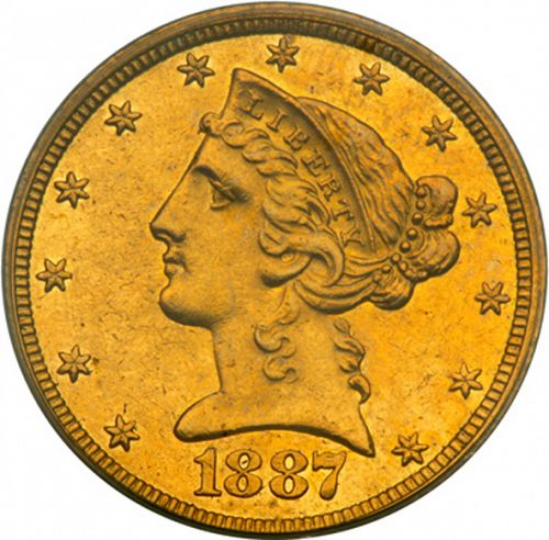 5 dollar Obverse Image minted in UNITED STATES in 1887 (Coronet Head - With motto)  - The Coin Database