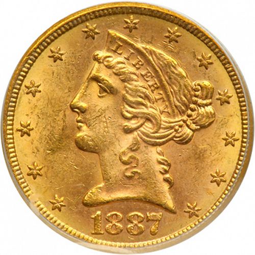5 dollar Obverse Image minted in UNITED STATES in 1887S (Coronet Head - With motto)  - The Coin Database