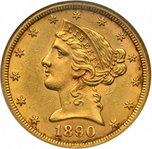 5 dollar Obverse Image minted in UNITED STATES in 1890CC (Coronet Head - With motto)  - The Coin Database