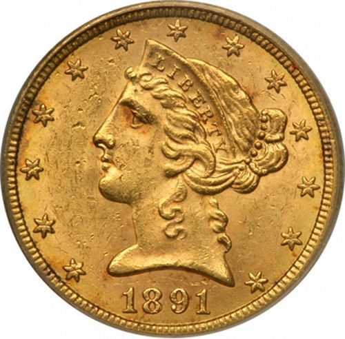 5 dollar Obverse Image minted in UNITED STATES in 1891CC (Coronet Head - With motto)  - The Coin Database
