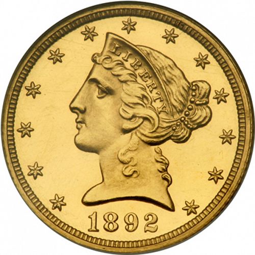 5 dollar Obverse Image minted in UNITED STATES in 1892 (Coronet Head - With motto)  - The Coin Database