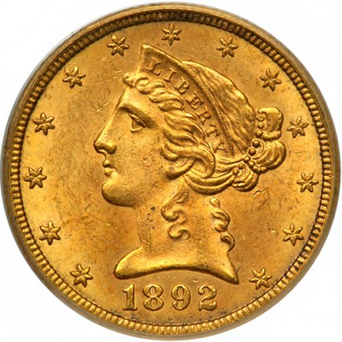 5 dollar Obverse Image minted in UNITED STATES in 1892CC (Coronet Head - With motto)  - The Coin Database